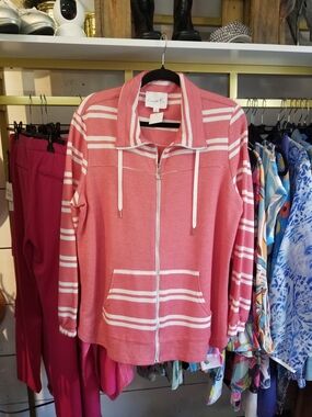 Casual Zip-Front Pink Striped Hoodie